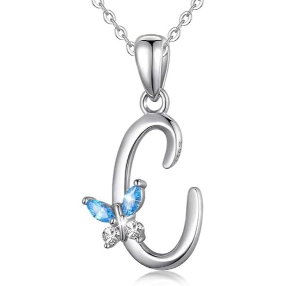 Letter C Silver Butterfly Initial Elegant Necklace 18"